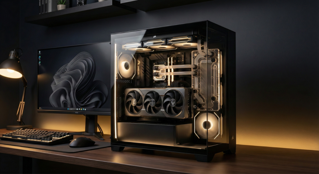 Corsair 3500X ARGB PC case with panoramic tempered glass front and side panels showcasing internal RGB build