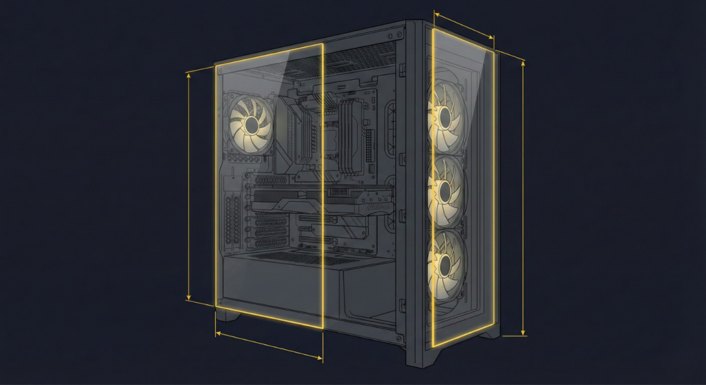 Diagram explaining the wraparound front and side tempered glass design of the Corsair 3500X ARGB case