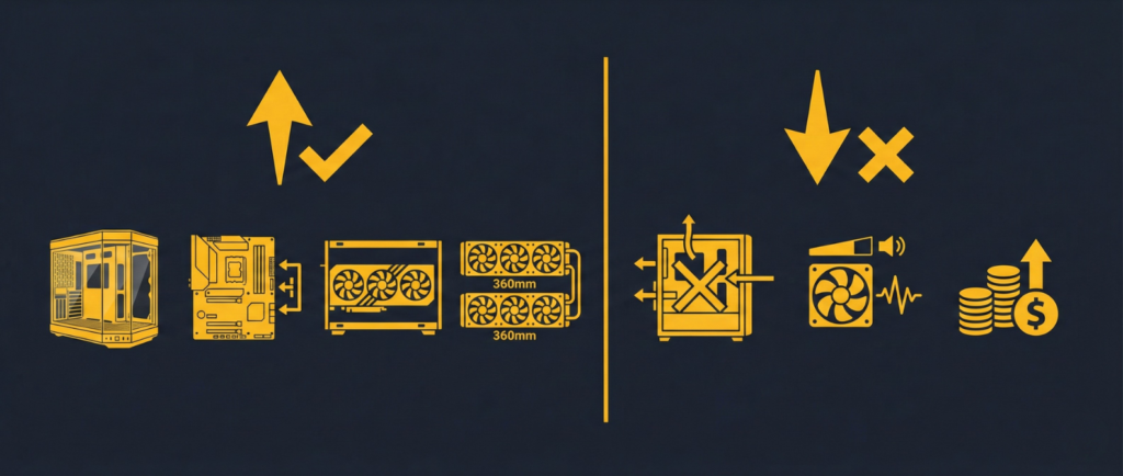 Visual guide showing when to buy or skip the Corsair 3500X ARGB PC case based on airflow, noise, and features