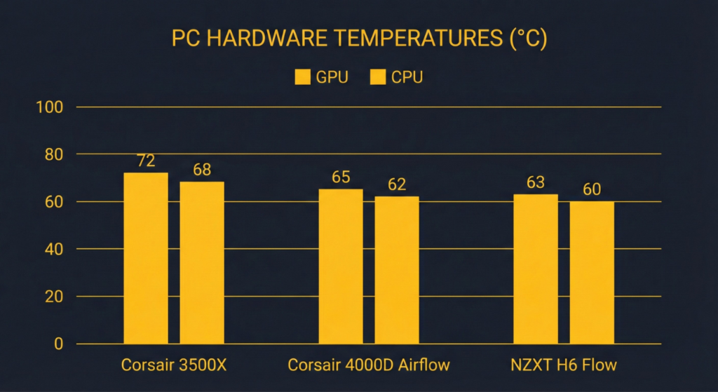 CPU and GPU temperature comparison between Corsair 3500X, Corsair 4000D Airflow, and NZXT H6 Flow