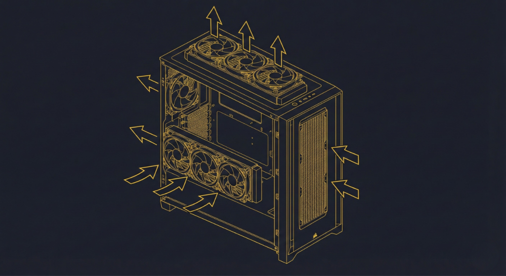 Diagram showing dual 360mm radiator support on top and side mounts in Corsair 3500X PC case
