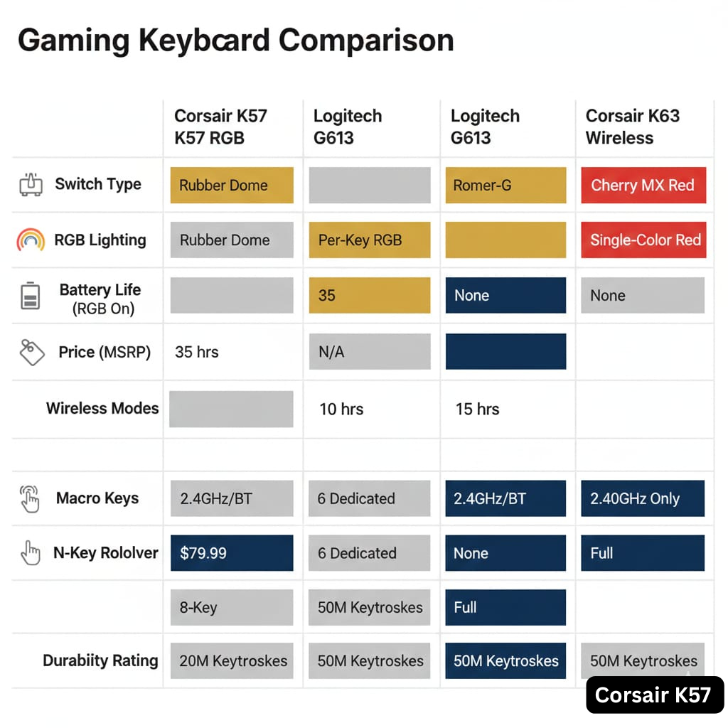 Feature comparison matrix chart showing specifications for Corsair K57, Logitech G613, and Corsair K63 keyboards