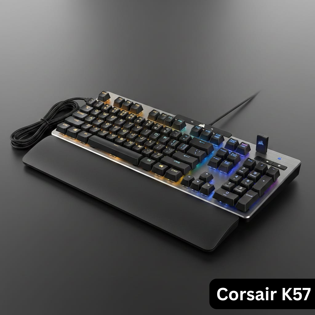 Corsair K57 RGB wireless gaming keyboard displaying golden-to-navy gradient lighting, with USB dongle and charging cable