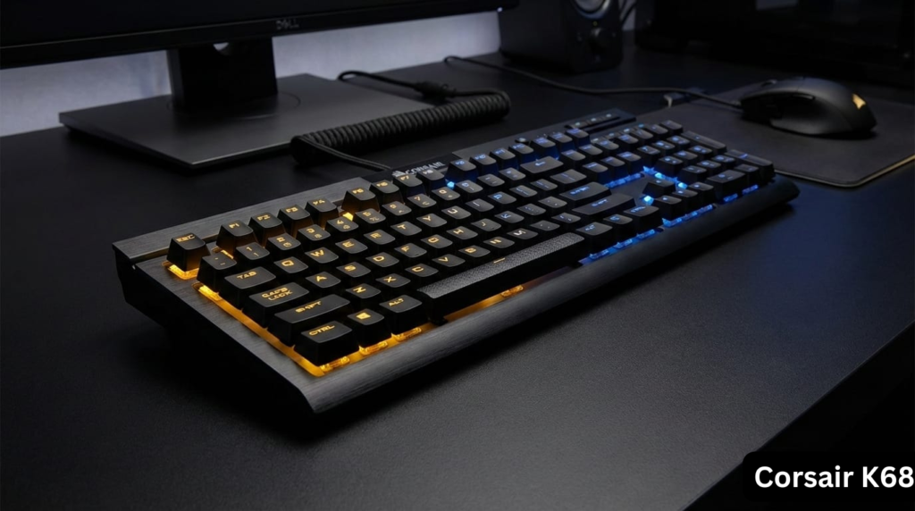 Corsair K68 RGB mechanical keyboard with amber and blue backlighting on dark gaming desk