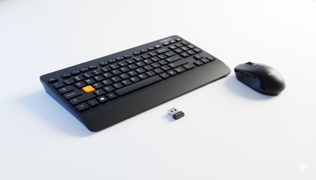 "Logitech MK270 wireless keyboard and mouse combo with USB nano receiver on white studio background"