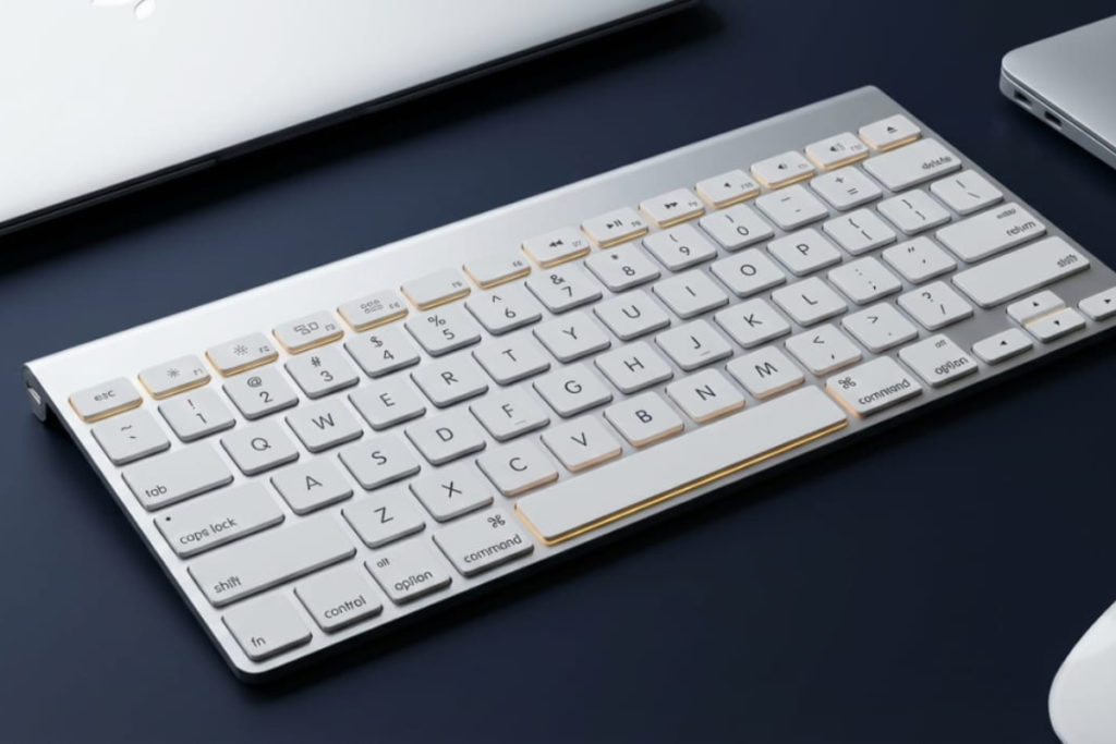 Apple Wireless Magic Keyboard 2 silver aluminum keyboard on dark desk with amber highlights