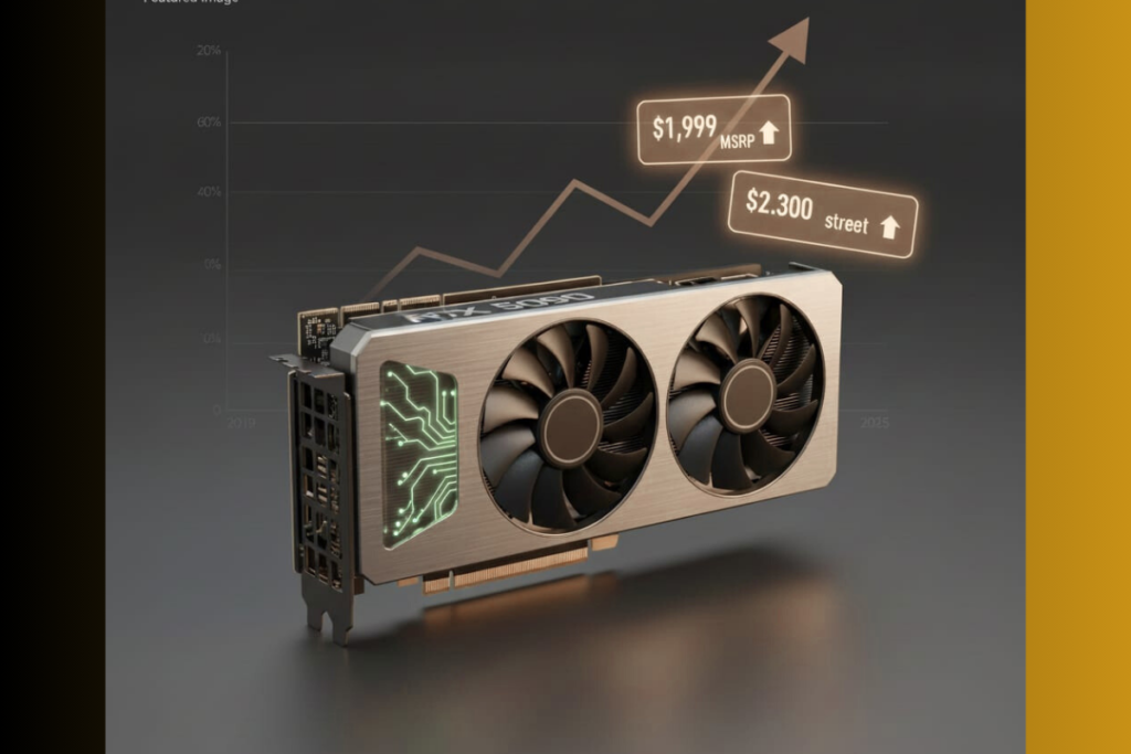 RTX 5090 on desk with price evolution chart from 2019-2025 baseline