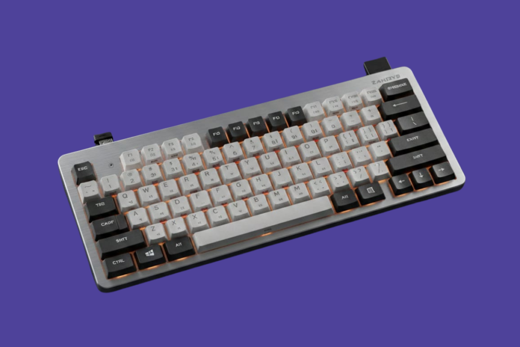 Cherry KW X ULP ultra slim wireless mechanical keyboard hero shot with backlight on dark desk.