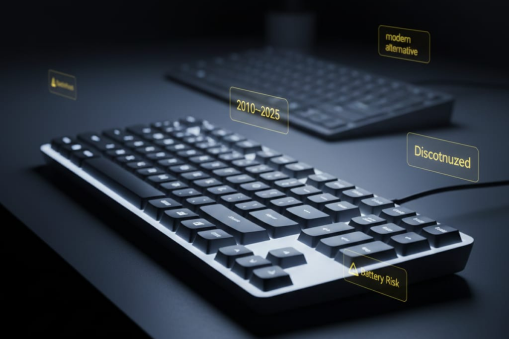 Logitech K800 illuminated keyboard on a dark desk with soft white backlight and data overlays about age, discontinuation, and battery risk.