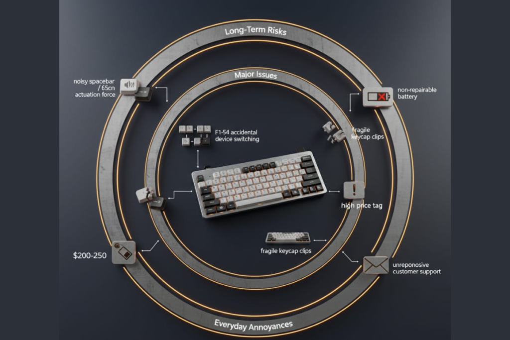 Infographic summarizing Cherry KW X ULP problems: spacebar noise, QC variance, non-repairable design, support failures, high actuation force, and price concerns.