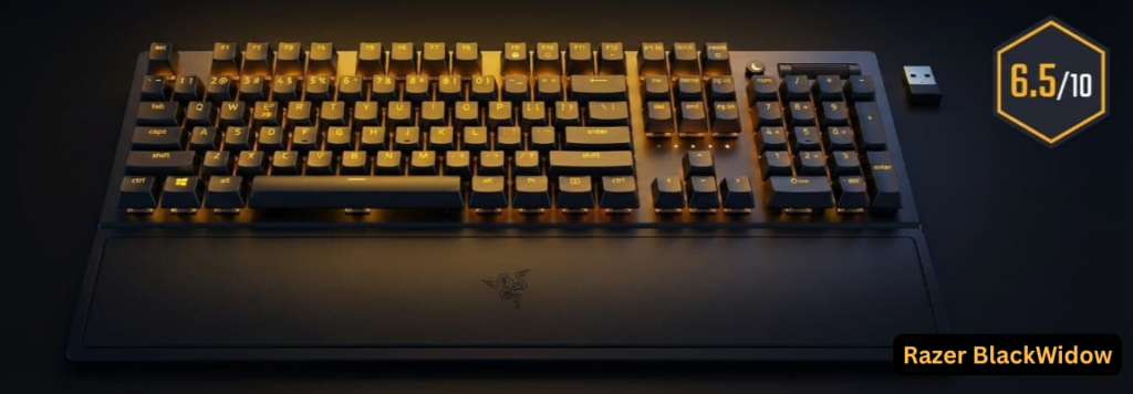 Razer BlackWidow V3 2025 review hero with 6.5/10 verdict and key chatter warning.