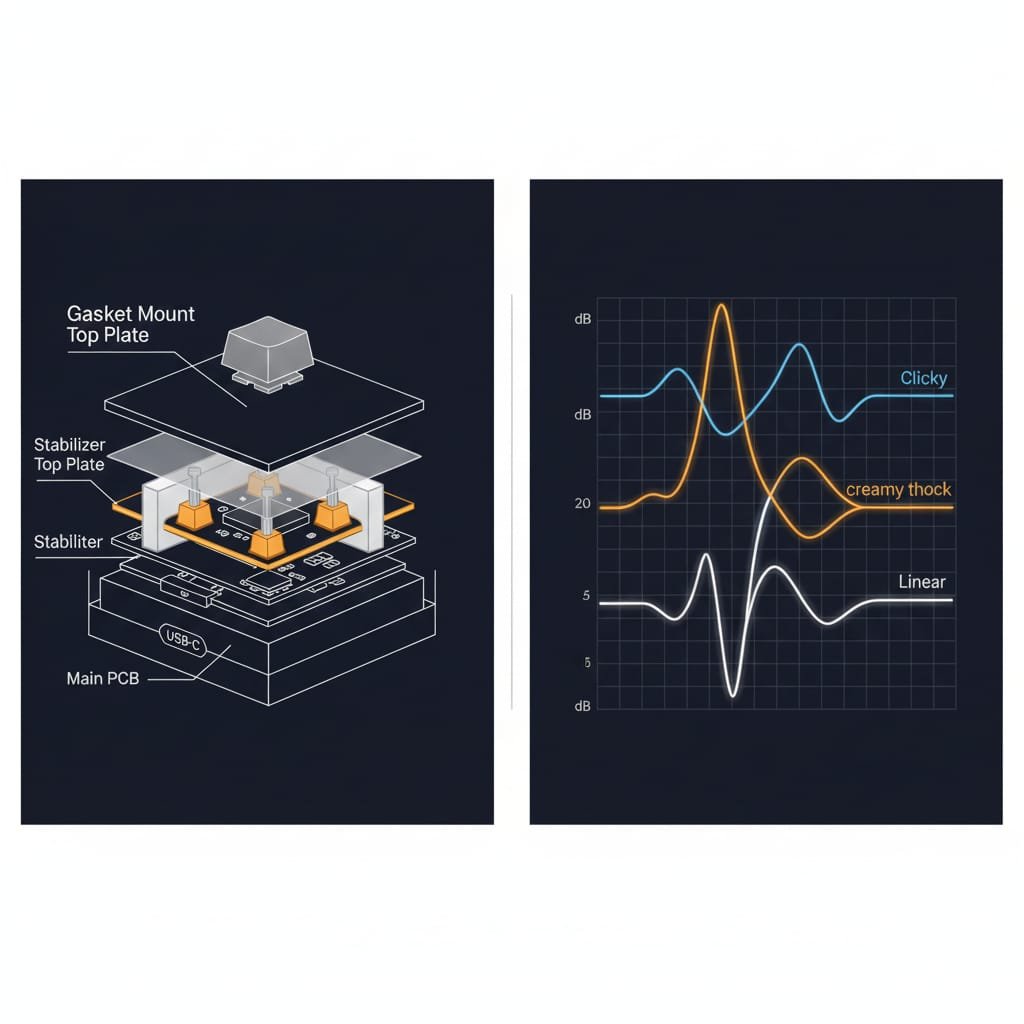 Technical diagram showing ZH870 gasket mount cross-section and sound waveform comparison demonstrating the "creamy thock" acoustic profile