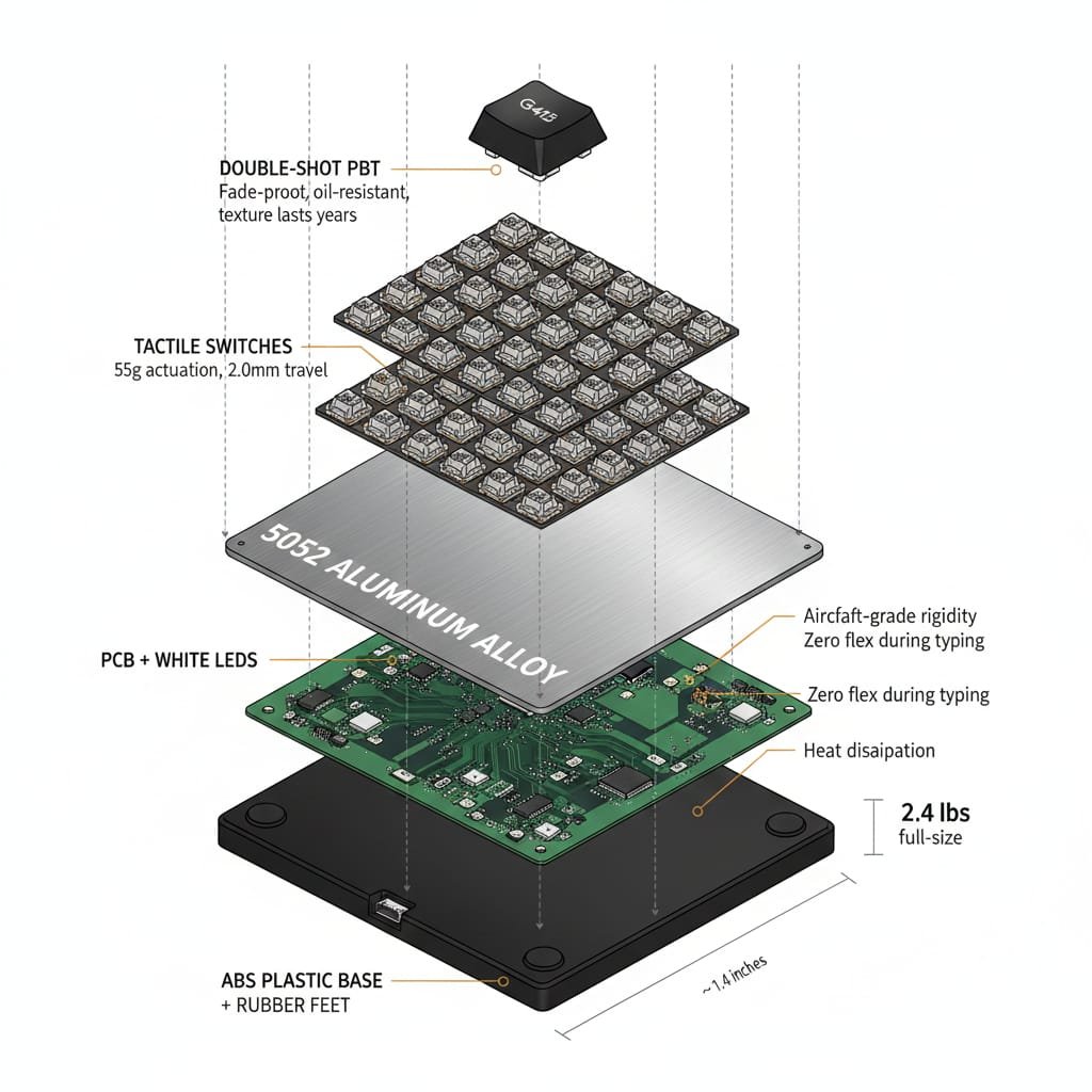"Exploded view diagram of Logitech G413 construction showing five layers: PBT keycaps, tactile switches, 5052 aluminum alloy top plate, PCB with LEDs, and ABS plastic base with rubber feet"