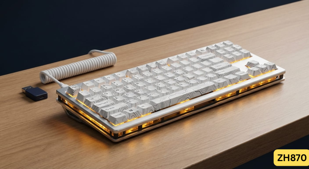 Zornher ZH870 mechanical keyboard with white topographic keycaps and amber RGB underglow on a professional desk setup