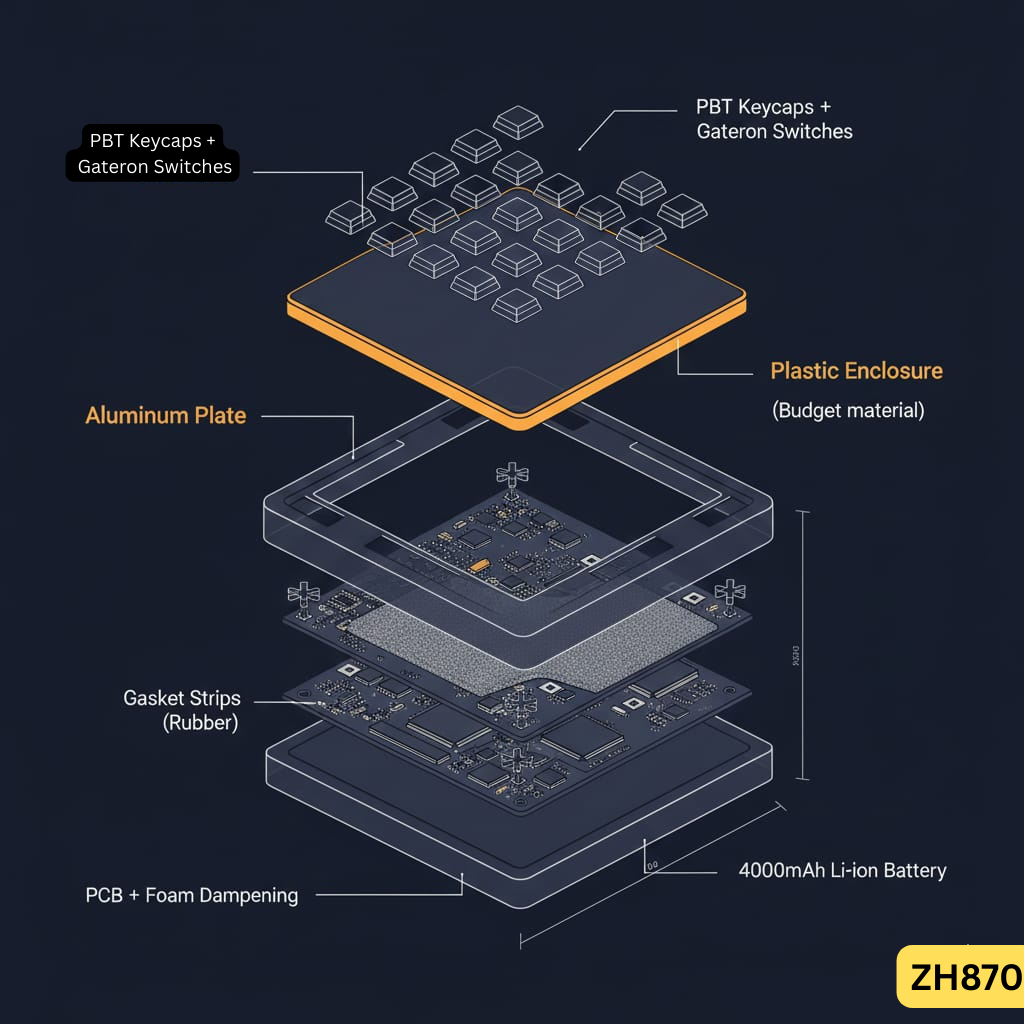 Exploded isometric diagram of ZH870 keyboard components showing aluminum top plate, plastic enclosure, gasket mount, PCB, and 4000mAh battery assembly