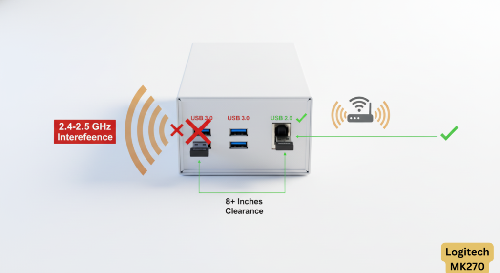 "Technical diagram showing USB 3.0 electromagnetic interference in 2.4GHz band affecting Logitech MK270 wireless receiver, with solution showing USB 2.0 port placement"