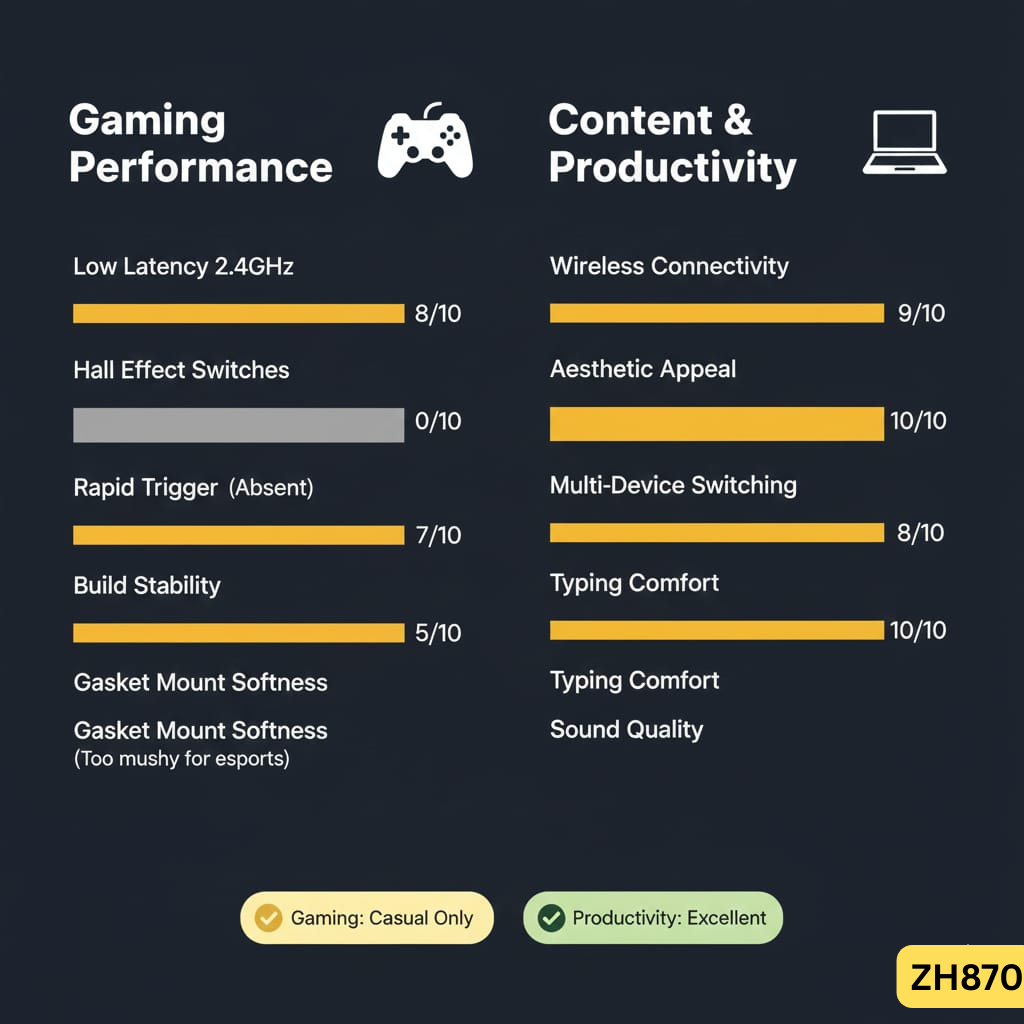 Feature comparison matrix showing ZH870 gaming capabilities (low latency, lacks Hall effect) versus productivity strengths (wireless, aesthetics, comfort, sound)