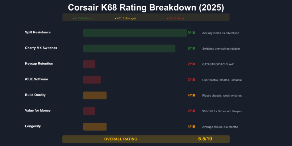 Horizontal bar chart rating Corsair K68 across seven categories, ranging from 2/10 to 9/10