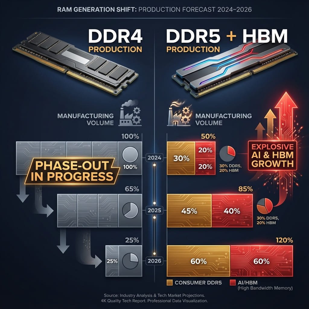 DR4 production declining versus DDR5 and HBM memory allocation increasing for AI data centers in 2026