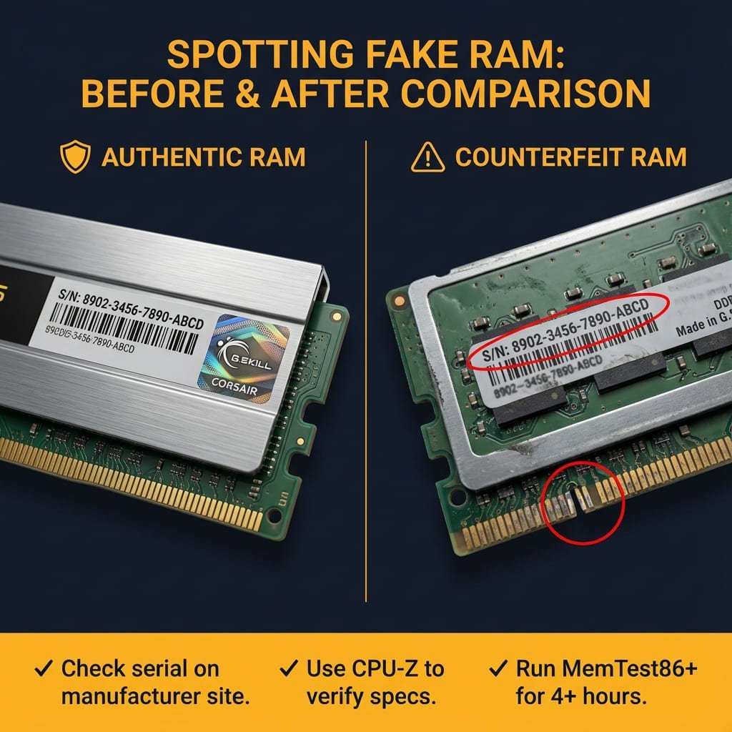 Comparison guide showing authentic DDR5 RAM versus counterfeit modules with identification tips and red flags
