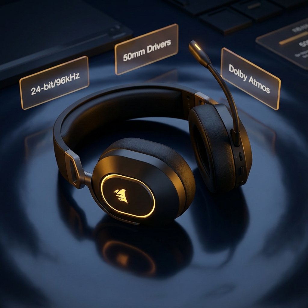 Corsair HS80 RGB Wireless gaming headset professional product photography with 50mm neodymium drivers, Dolby Atmos spatial audio, and broadcast-grade microphone