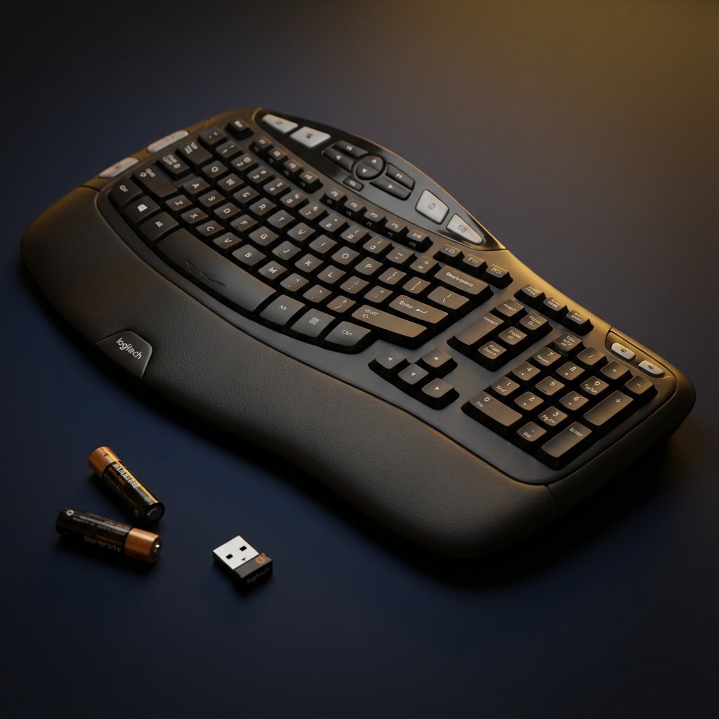 Logitech K350 wireless ergonomic keyboard with wave design and integrated palm rest on dark desk with batteries and USB receiver