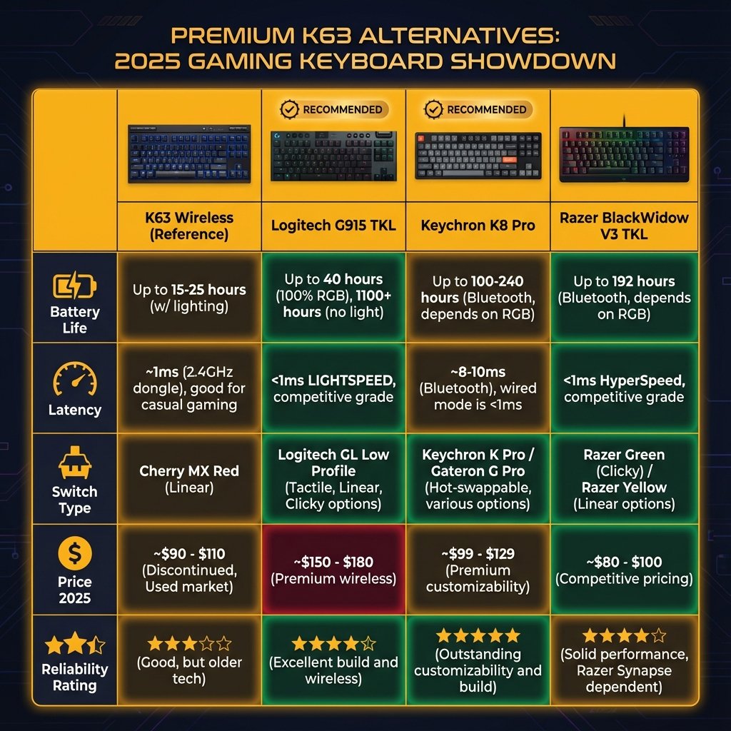 2025 wireless keyboard alternatives comparison showing Logitech G915 TKL, Keychron K8 Pro, and Razer BlackWidow V3 TKL vs Corsair K63
