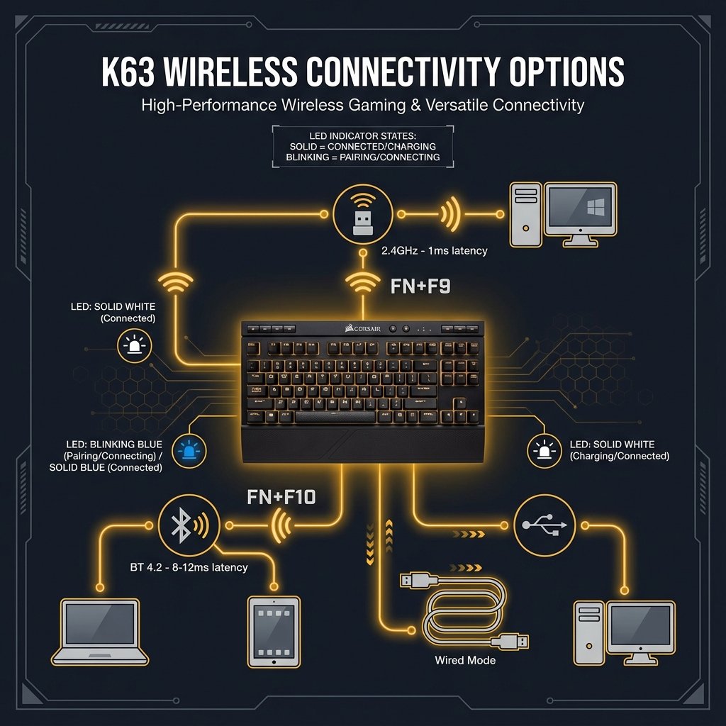 Corsair K63 wireless connectivity diagram showing 2.4GHz, Bluetooth, and wired connection options