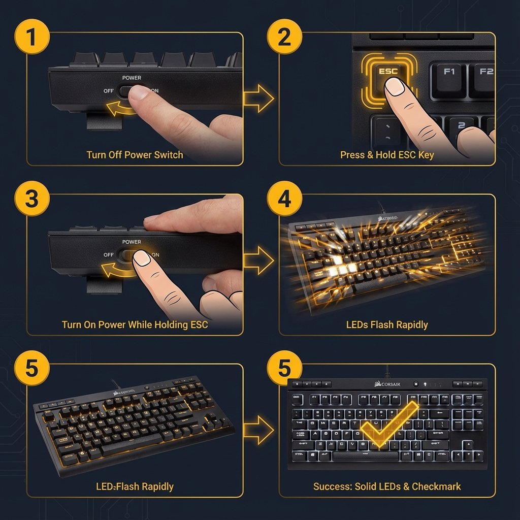 Step-by-step visual guide for performing factory reset on Corsair K63 keyboard