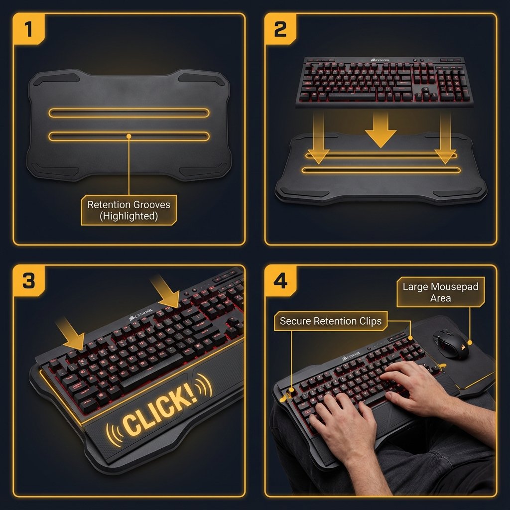 Step-by-step visual guide for assembling Corsair K63 wireless keyboard into gaming lapboard