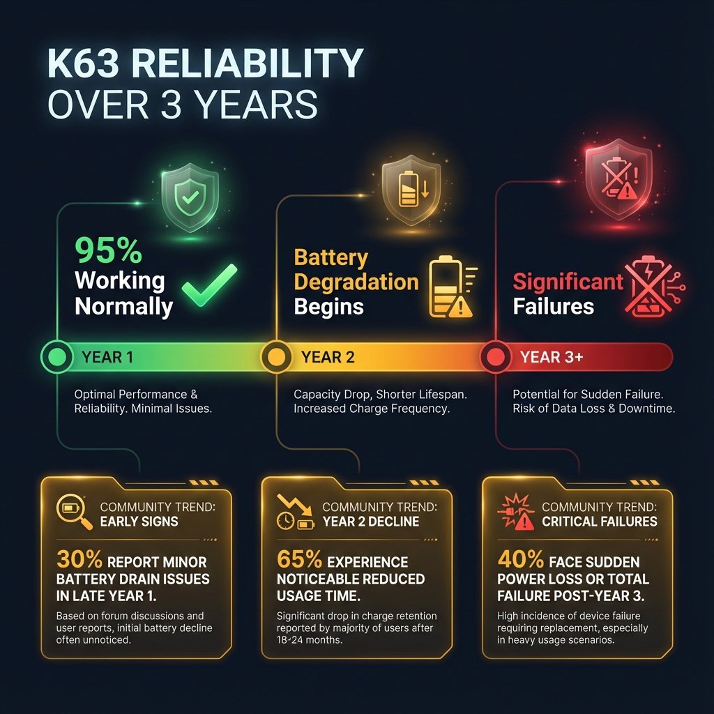 Three-year reliability timeline for Corsair K63 showing progression from normal operation to battery failures