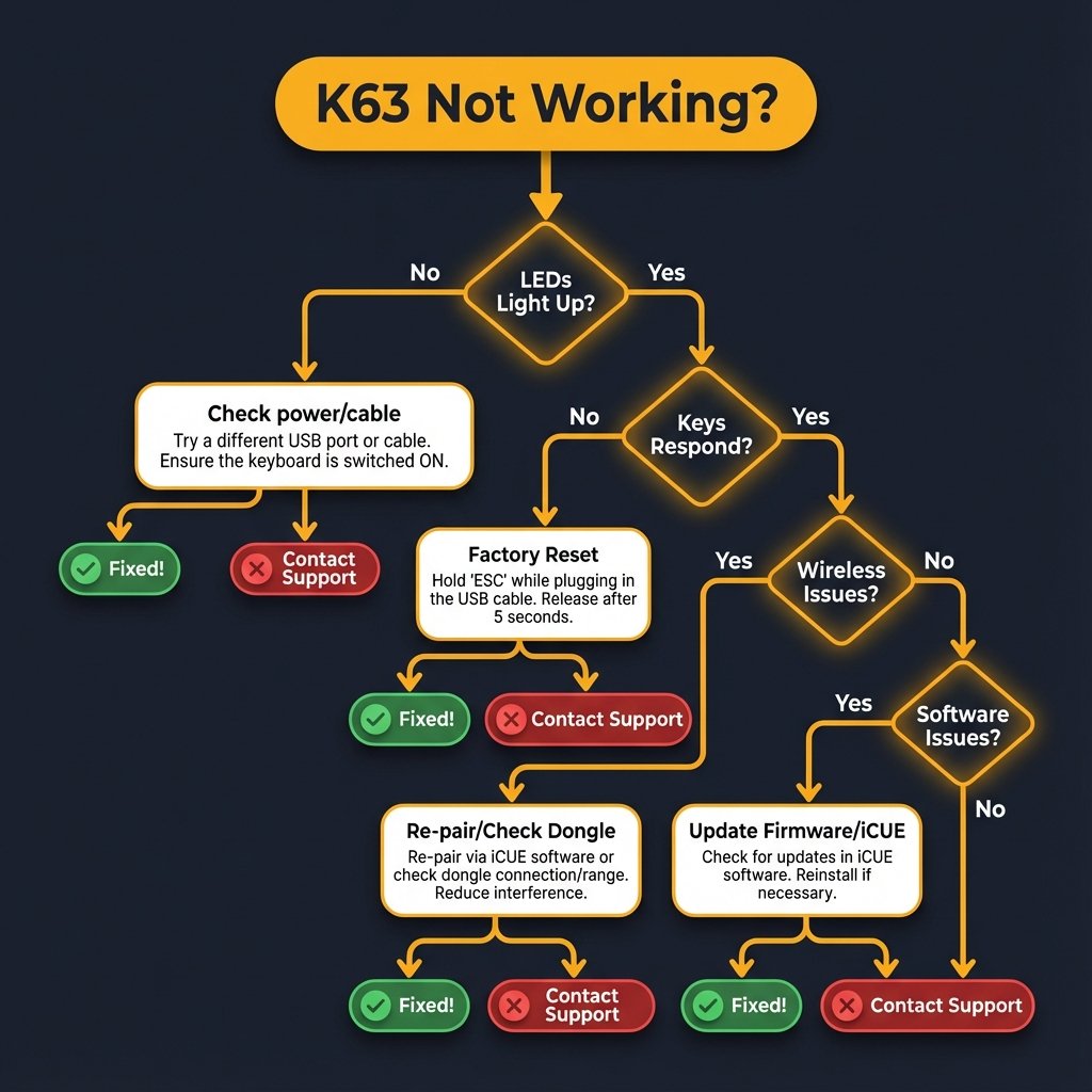 Troubleshooting decision tree flowchart for diagnosing Corsair K63 keyboard problems
