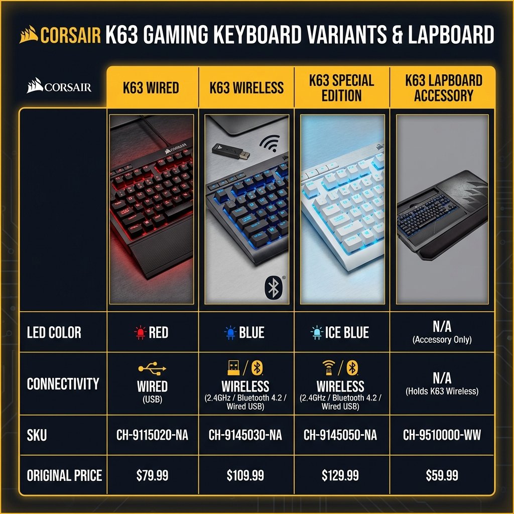 Corsair K63 product variants comparison showing wired, wireless, special edition, and lapboard models