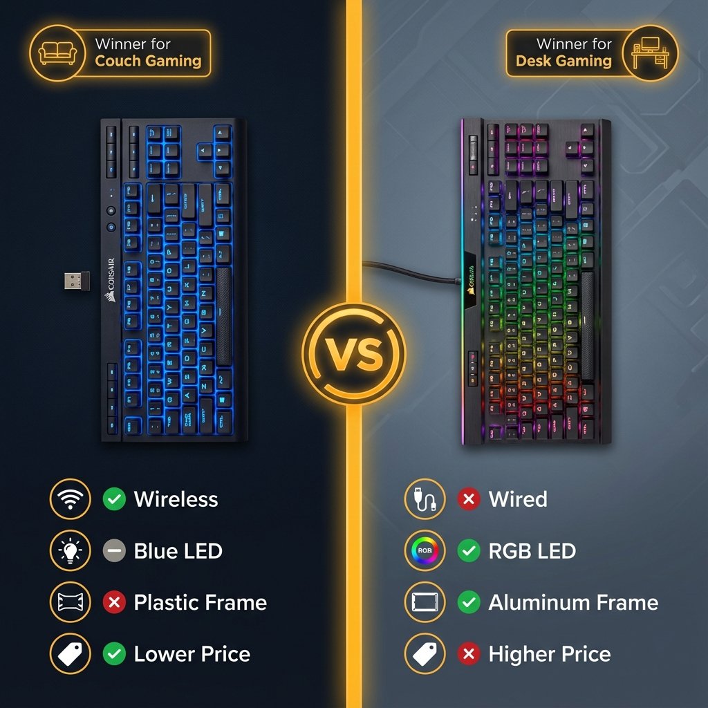 Side-by-side comparison of Corsair K63 vs K65 RGB keyboards showing key differences