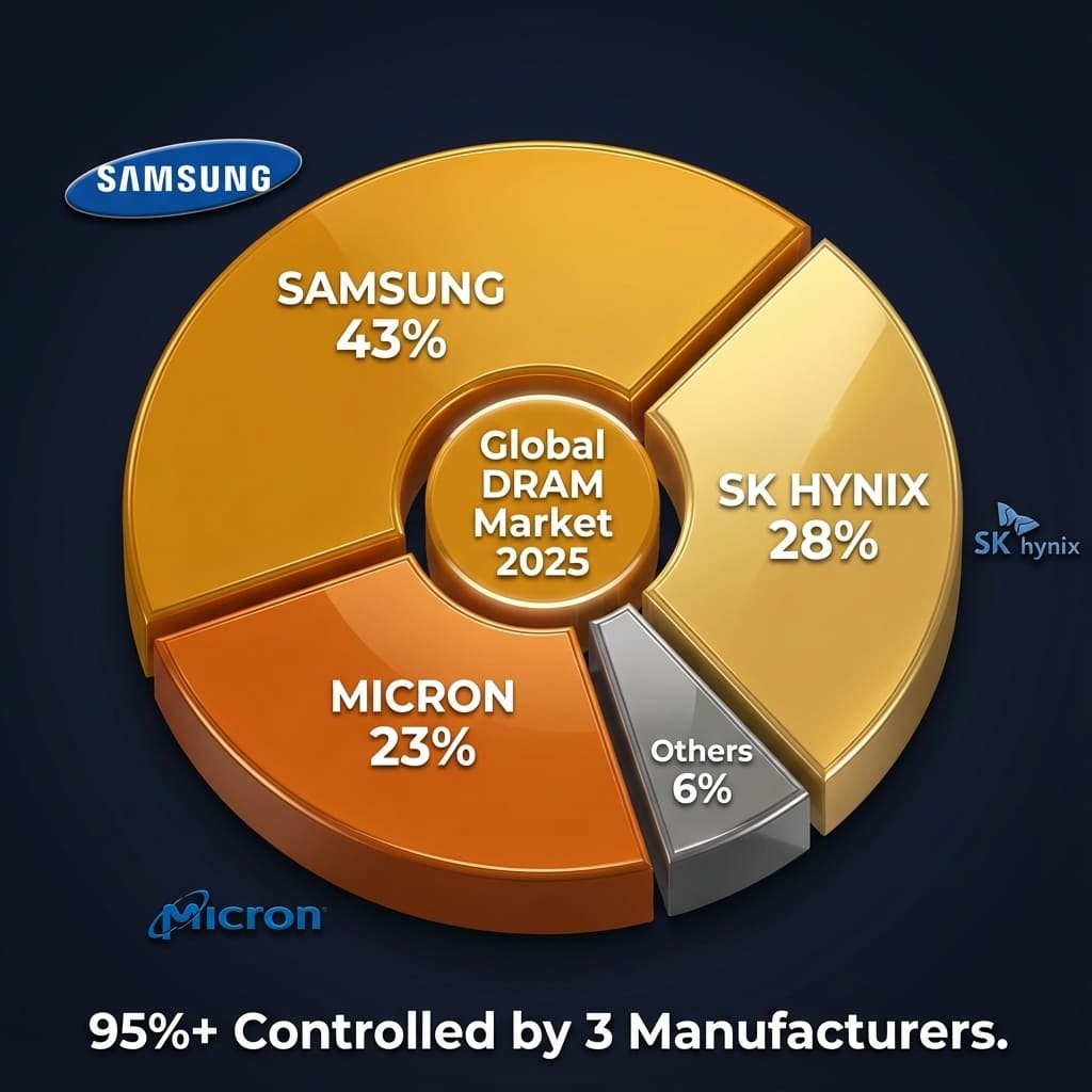 Pie chart showing Samsung, SK Hynix, and Micron controlling 95% of global DRAM market share in 2025