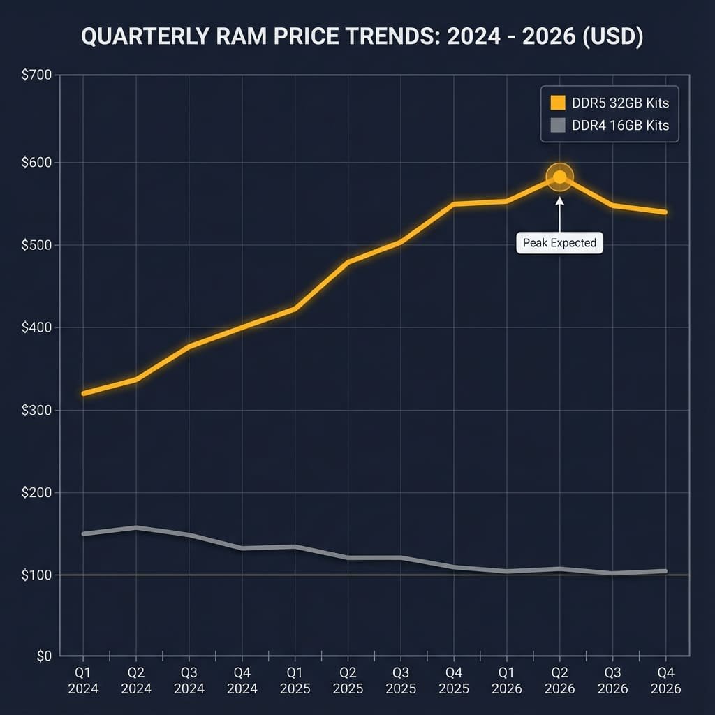 Quarterly price trend graph comparing DDR4 and DDR5 RAM costs from Q1 2024 to Q4 2026 with peak in Q2